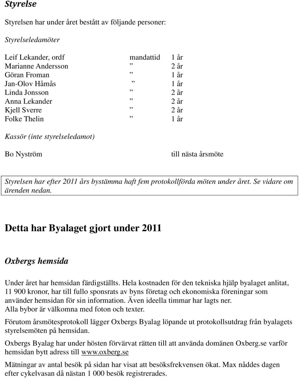 Se vidare om ärenden nedan. Detta har Byalaget gjort under 2011 Oxbergs hemsida Under året har hemsidan färdigställts.
