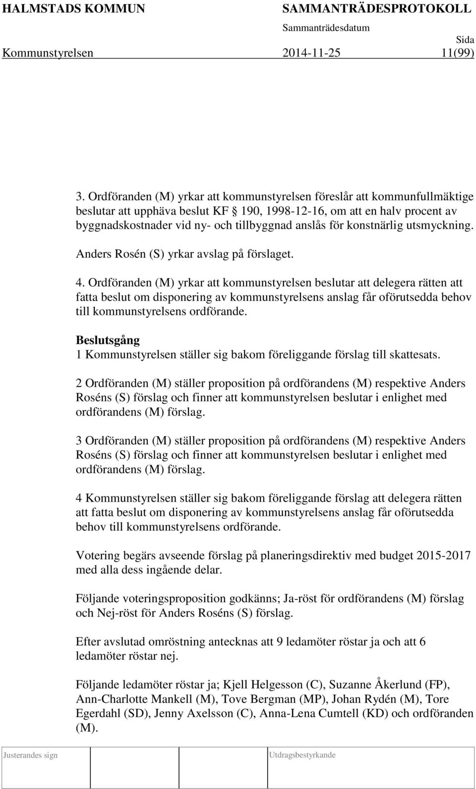 konstnärlig utsmyckning. Anders Rosén (S) yrkar avslag på förslaget. 4.