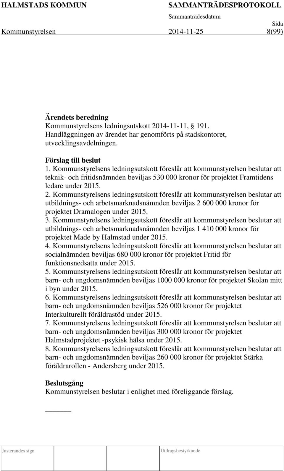 15. 2. Kommunstyrelsens ledningsutskott föreslår att kommunstyrelsen beslutar att utbildnings- och arbetsmarknadsnämnden beviljas 2 600 000 kronor för projektet Dramalogen under 2015. 3.
