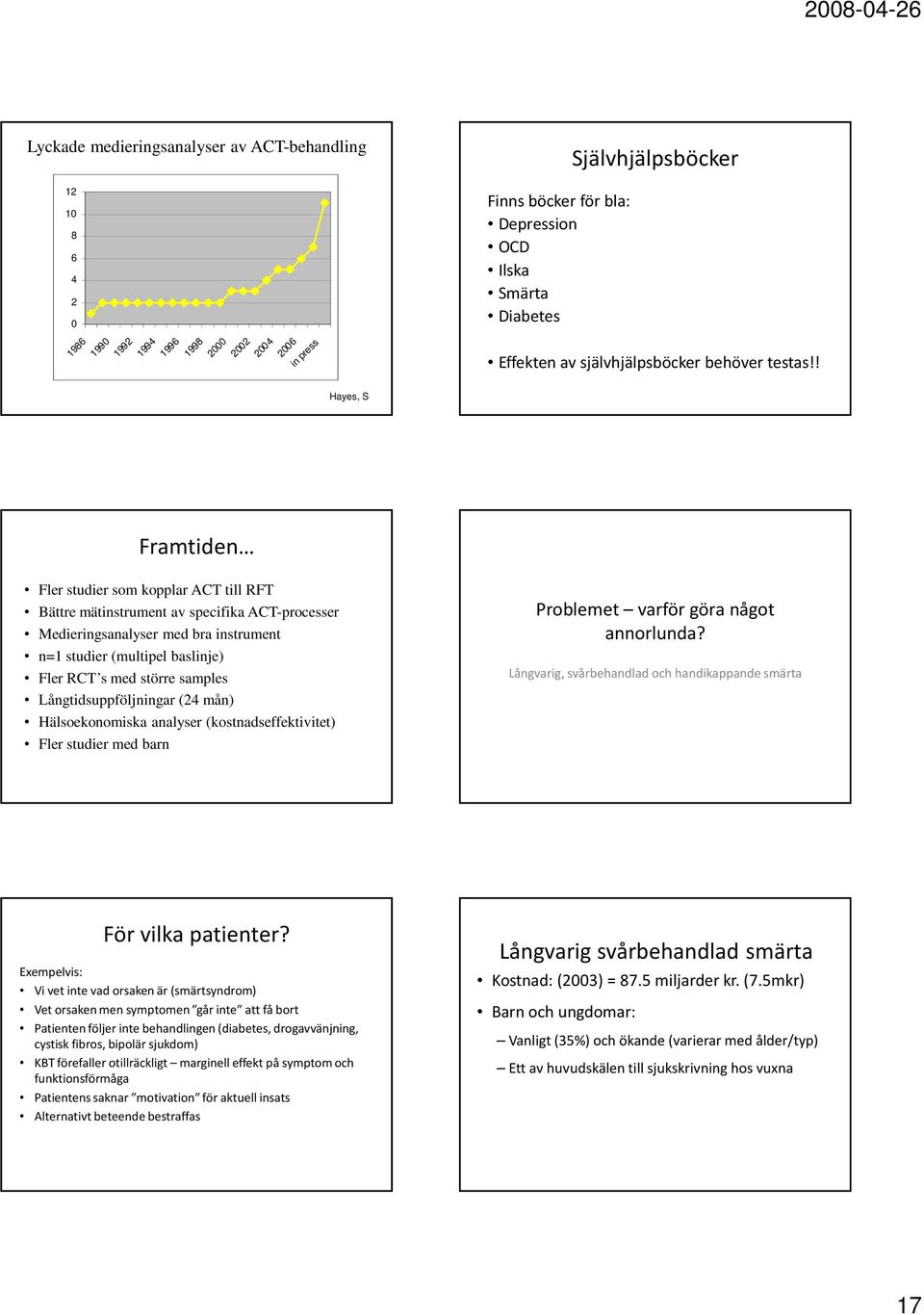 ! Framtiden Fler studier som kopplar ACT till RFT Bättre mätinstrument av specifika ACT-processer Medieringsanalyser med bra instrument n=1 studier (multipel baslinje) Fler RCT s med större samples