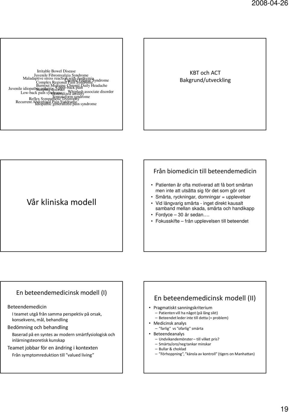Abdominal Idiopathic Pain generalized Syndrome pain syndrome KBT och ACT Bakgrund/utveckling Från biomedicin till beteendemedicin Vår kliniska modell Patienten är ofta motiverad att få bort smärtan