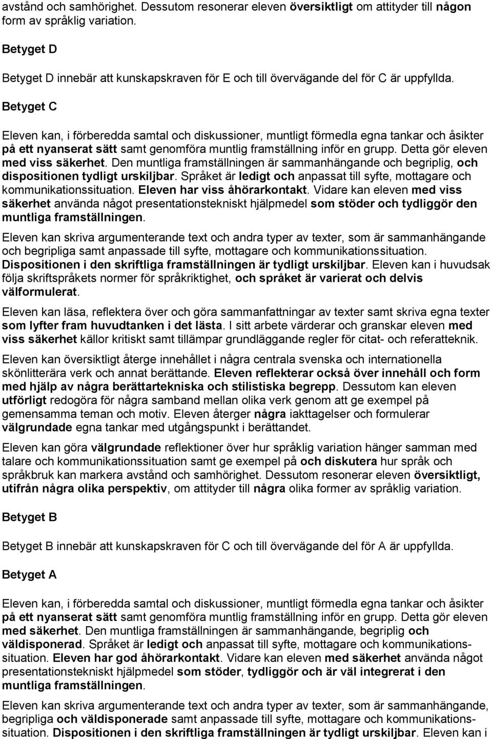 Detta gör eleven med viss säkerhet. Den muntliga framställningen är sammanhängande och begriplig, och dispositionen tydligt urskiljbar.