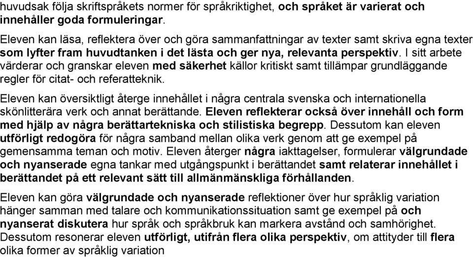 I sitt arbete värderar och granskar eleven med säkerhet källor kritiskt samt tillämpar grundläggande regler för citat- och referatteknik. skönlitterära verk och annat berättande.