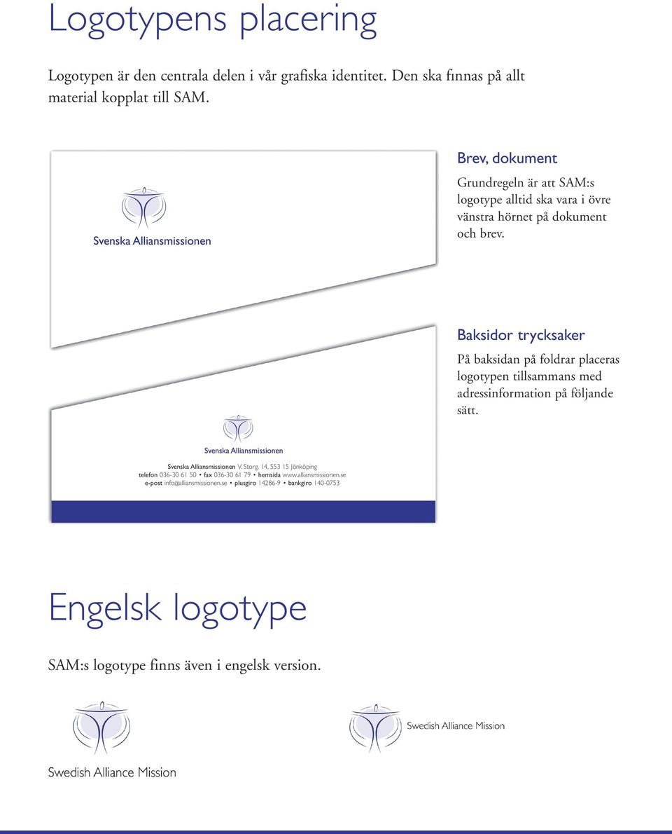 Baksidor trycksaker På baksidan på foldrar placeras logotypen tillsammans med adressinformation på följande sätt. Svenska Alliansmissionen V. Storg.