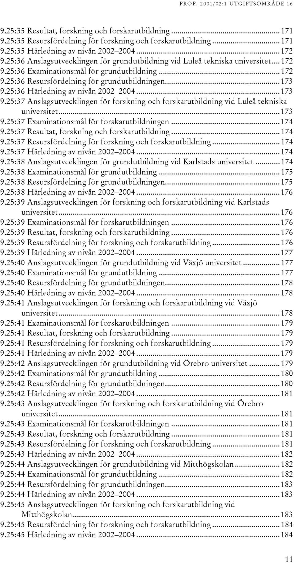 25:36 Härledning av nivån 2002 2004...173 9.25:37 Anslagsutvecklingen för forskning och forskarutbildning vid Luleå tekniska universitet...173 9.25:37 Examinationsmål för forskarutbildningen...174 9.