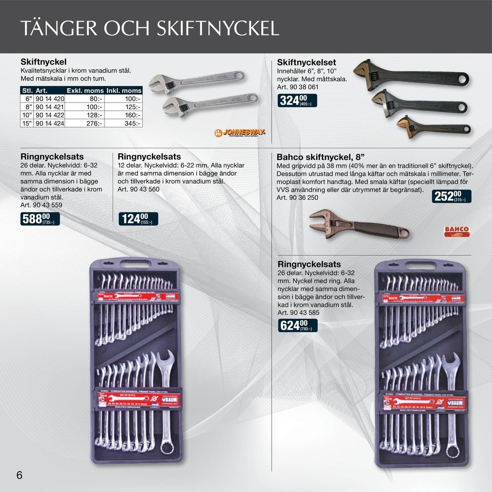 90 38 061 324 00 (405:-) Ringnyckelsats 26 delar. Nyckelvidd: 6-32 mm. Alla nycklar är med samma dimension i bägge ändor och tillverkade i krom vanadium stål. Art.