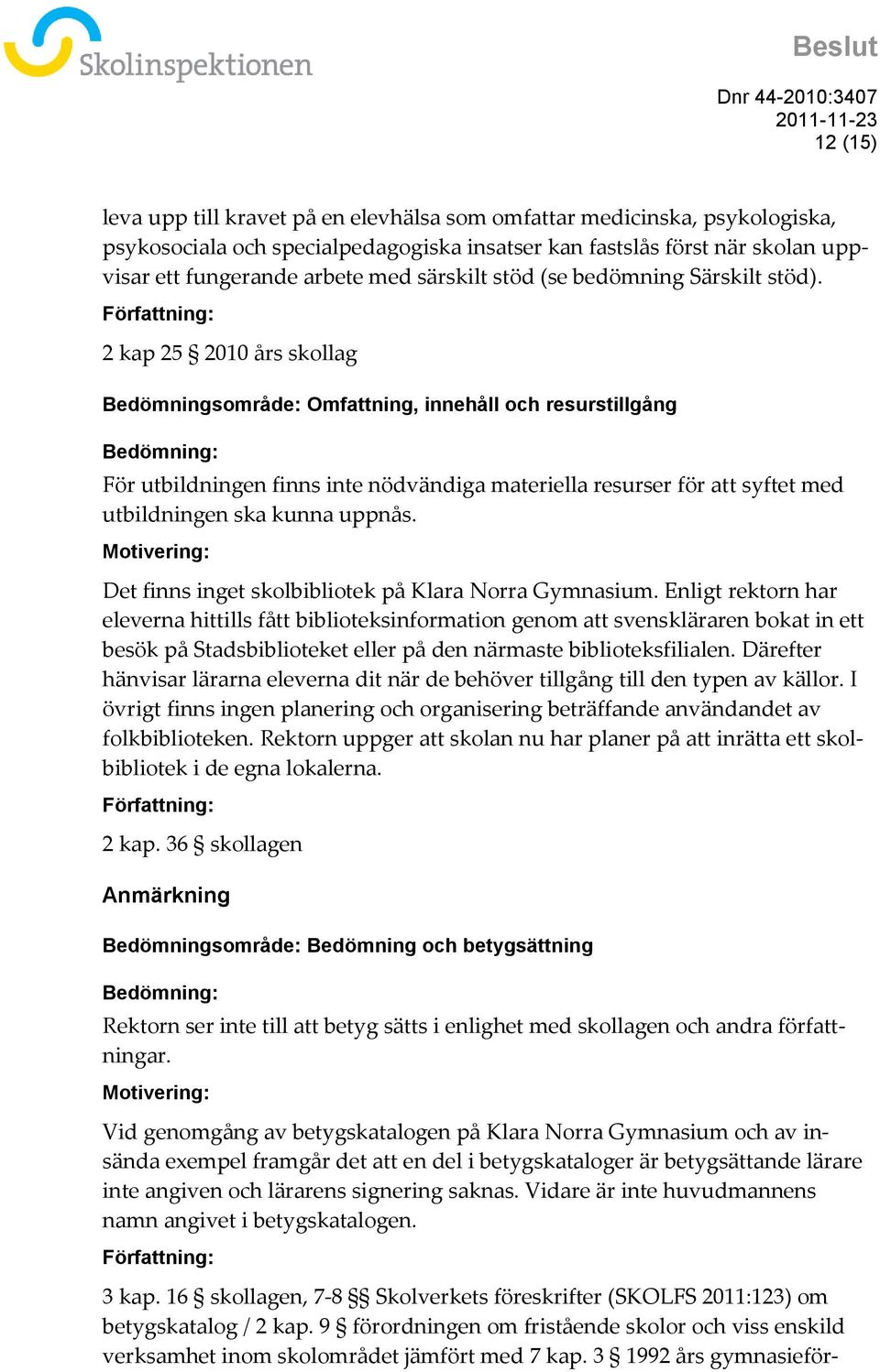 Författning: 2 kap 25 2010 års skollag Bedömningsområde: Omfattning, innehåll och resurstillgång Bedömning: För utbildningen finns inte nödvändiga materiella resurser för att syftet med utbildningen