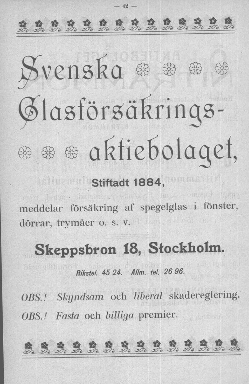 trymåer o. s. v. Skeppsbron 18, Stockholm., Rikstel. 45 24. Al/m. tel.