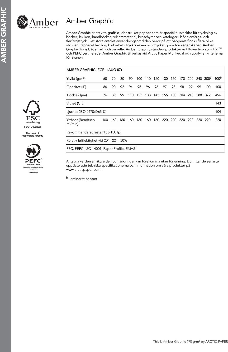 Amber Graphic finns både i ark och på rulle. Amber Graphic standardprodukter är tillgängliga som FSC TM och PEFC certifierade.