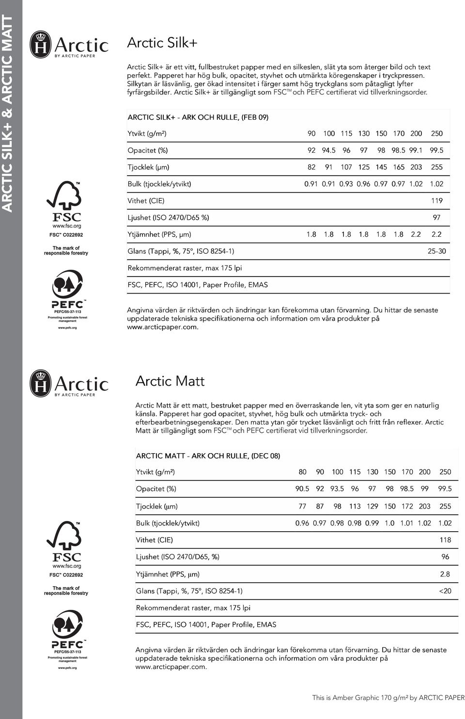 Arctic Silk+ är tillgängligt som FSC TM och PEFC certifierat. vid tillverkningsorder. ARCTIC SILK+ - ARK OCH RULLE, (FEB 09) Ytvikt (g/m²) 90 100 115 130 150 170 200 250 Opacitet (%) 92 94.