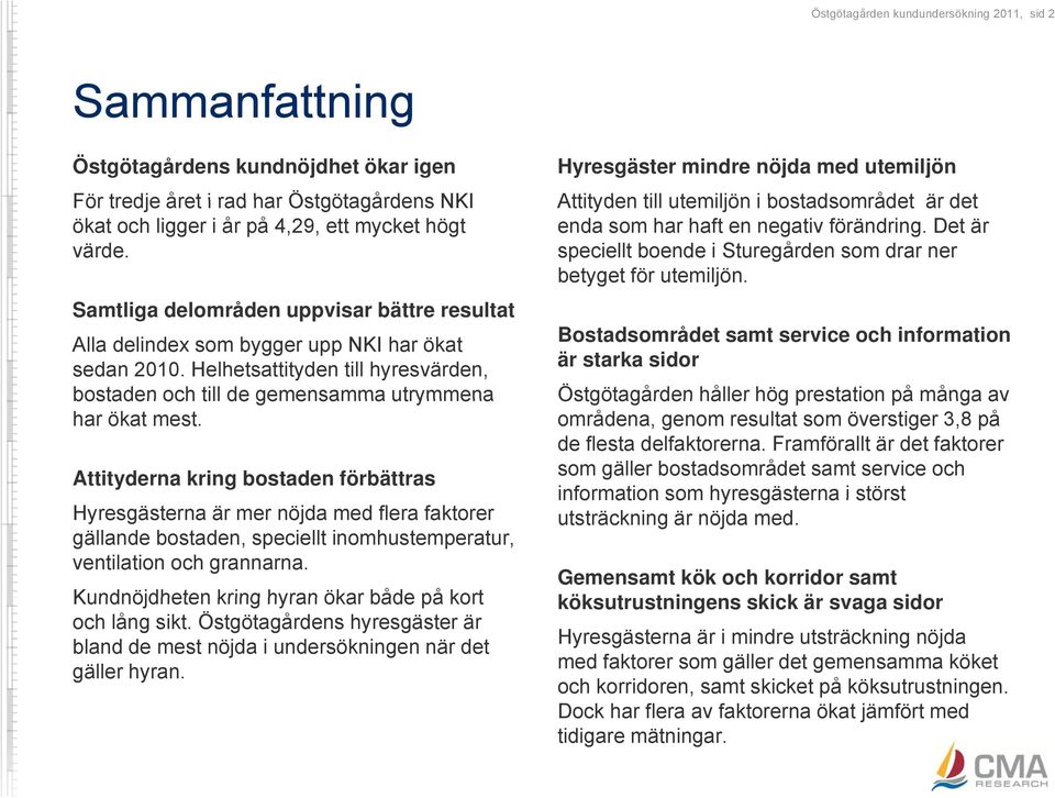 Attityderna kring bostaden förbättras Hyresgästerna är mer nöjda med flera faktorer gällande bostaden, speciellt inomhustemperatur, ventilation och grannarna.