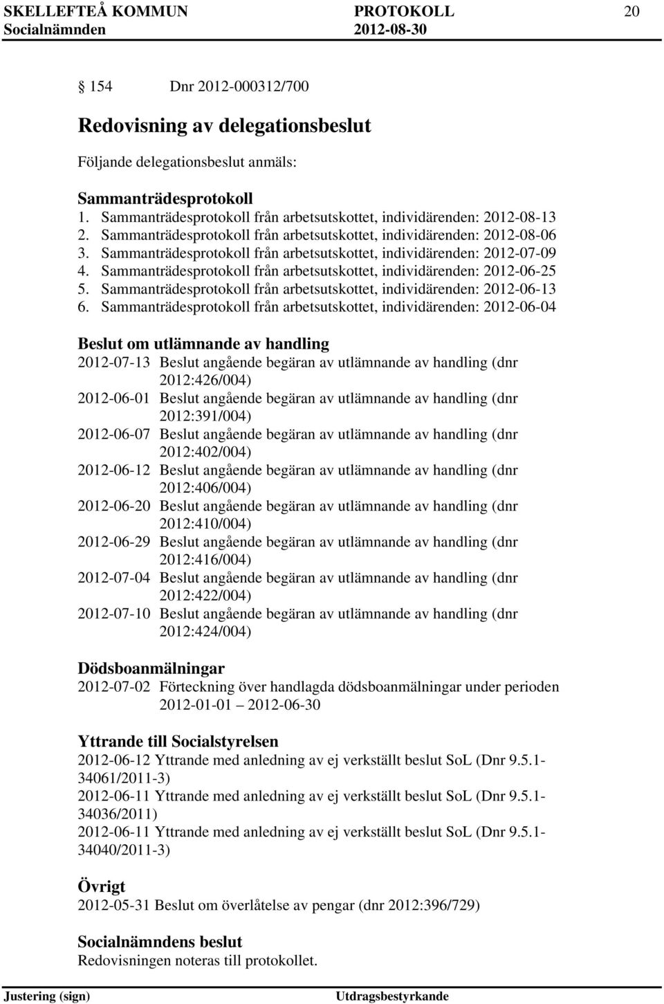 Sammanträdesprotokoll från arbetsutskottet, individärenden: 2012-07-09 4. Sammanträdesprotokoll från arbetsutskottet, individärenden: 2012-06-25 5.