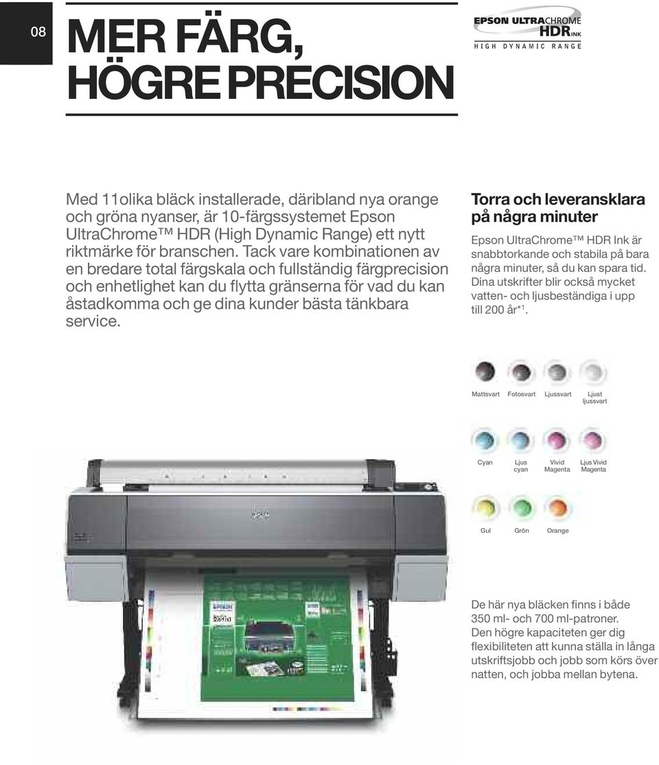 Torra och leveransklara på några minuter Epson UltraChrome HDR Ink är snabbtorkande och stabila på bara några minuter, så du kan spara tid.