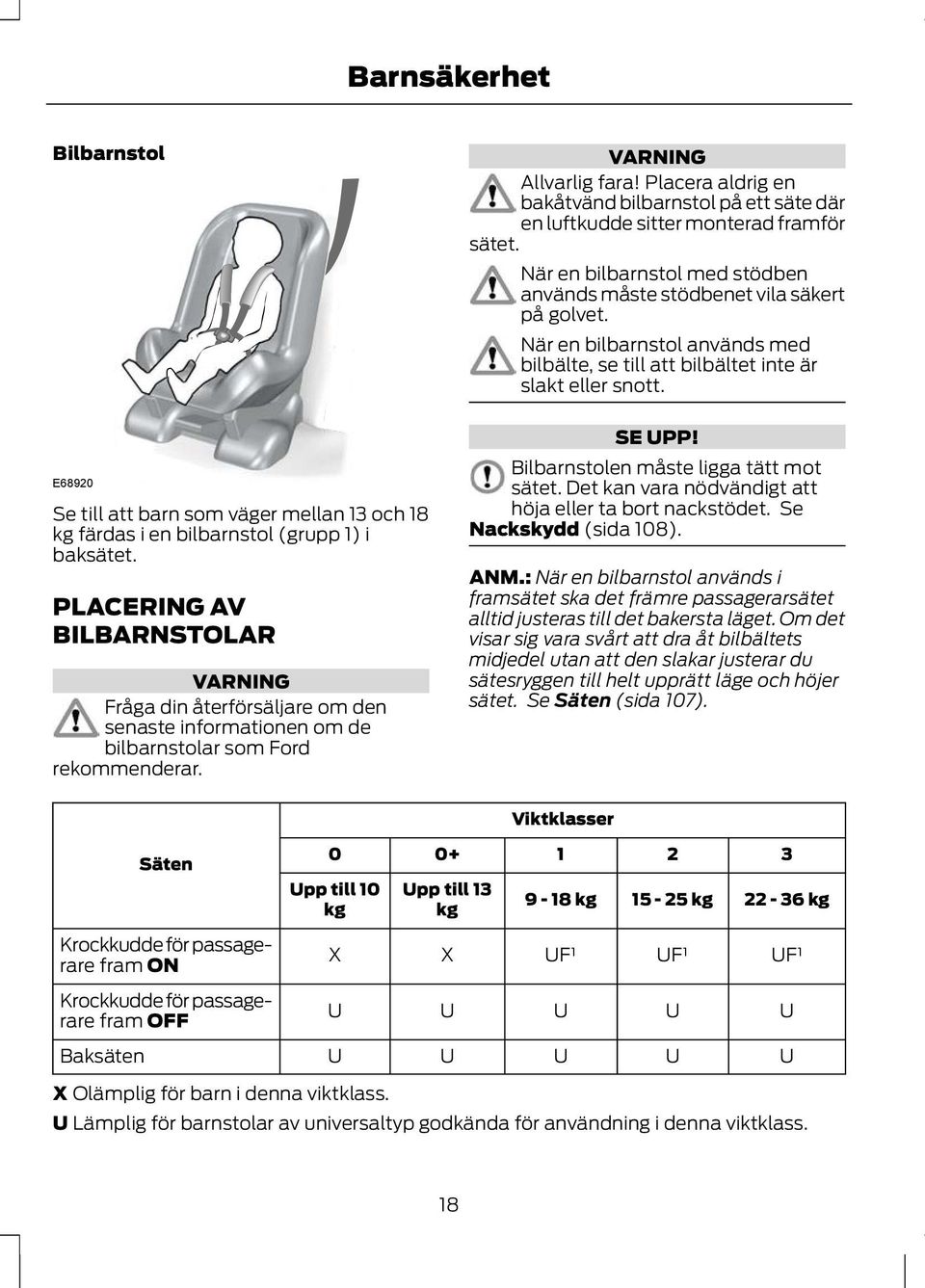 E68920 Se till att barn som väger mellan 13 och 18 kg färdas i en bilbarnstol (grupp 1) i baksätet.