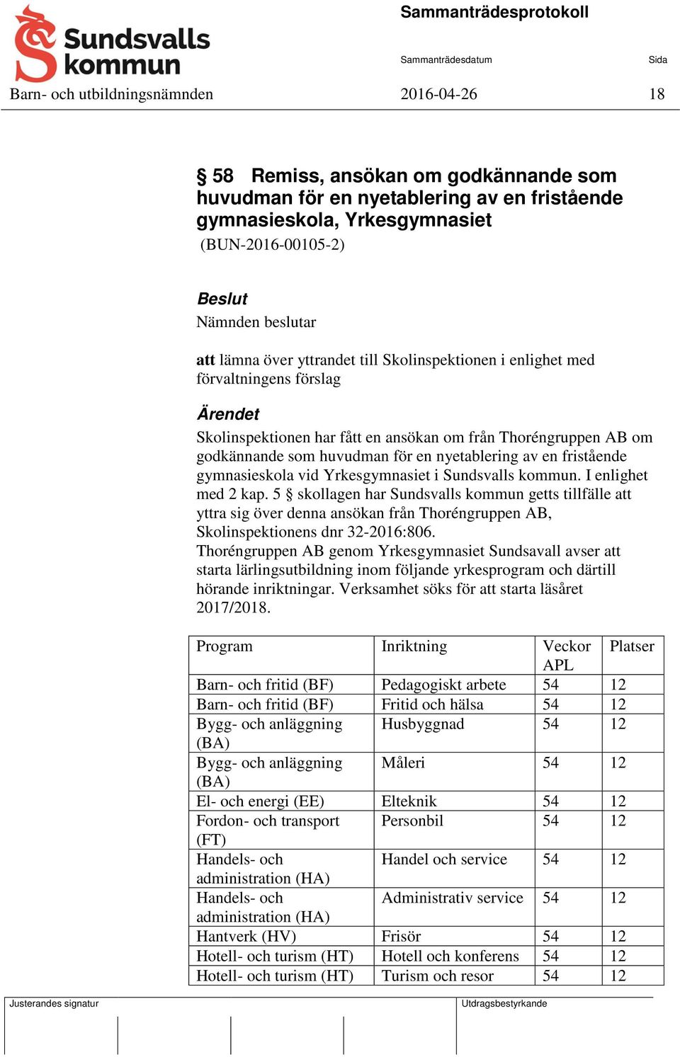 nyetablering av en fristående gymnasieskola vid Yrkesgymnasiet i Sundsvalls kommun. I enlighet med 2 kap.