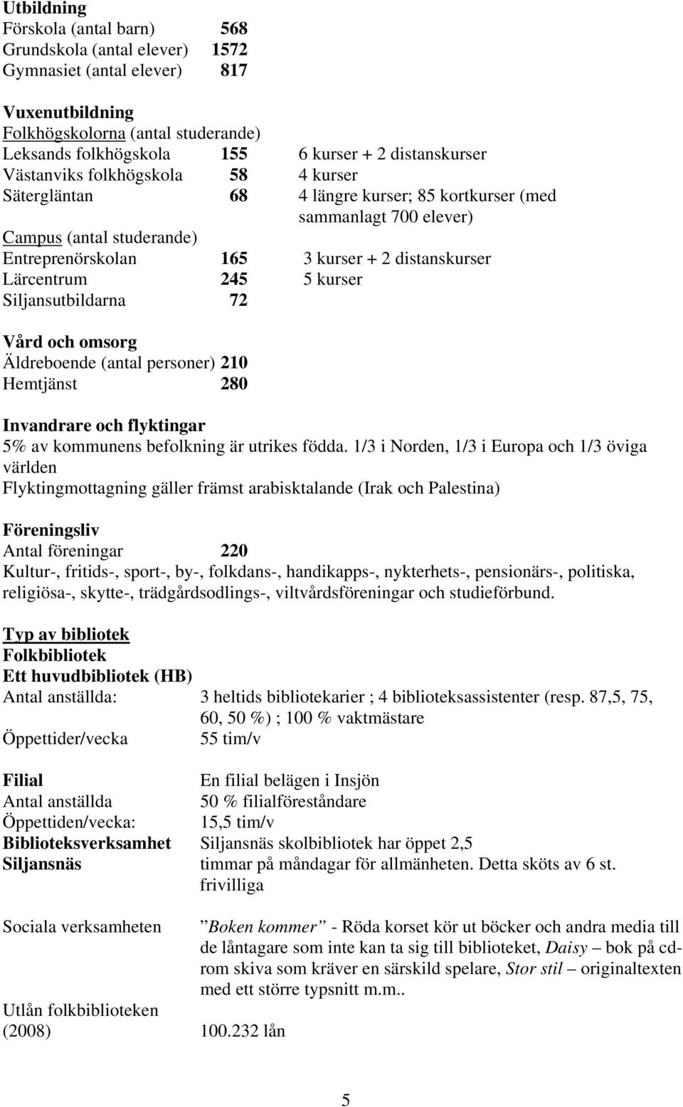 Lärcentrum 245 5 kurser Siljansutbildarna 72 Vård och omsorg Äldreboende (antal personer) 210 Hemtjänst 280 Invandrare och flyktingar 5% av kommunens befolkning är utrikes födda.