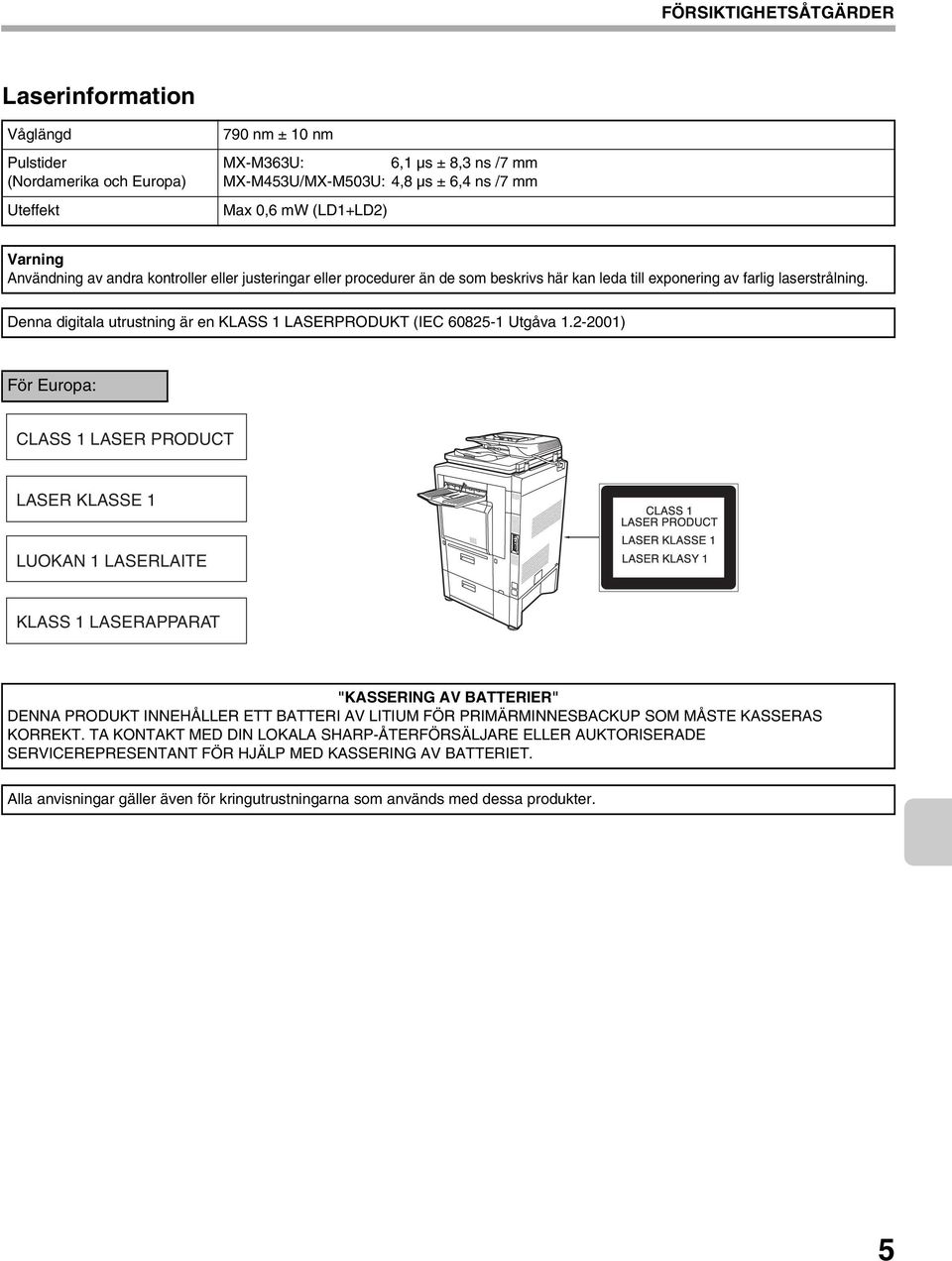 Denna digitala utrustning är en KLASS 1 LASERPRODUKT (IEC 60825-1 Utgåva 1.