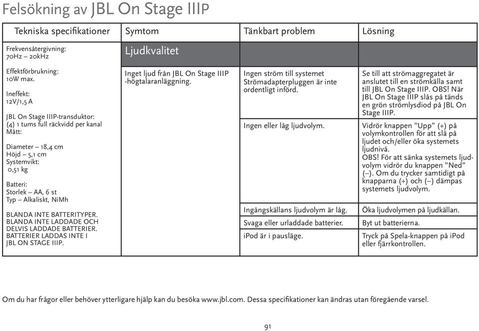 BATTERITYPER. BLANDA INTE LADDADE OCH DELVIS LADDADE BATTERIER. BATTERIER LADDAS INTE I JBL ON STAGE IIIP. Inget ljud från JBL On Stage IIIP -högtalaranläggning.