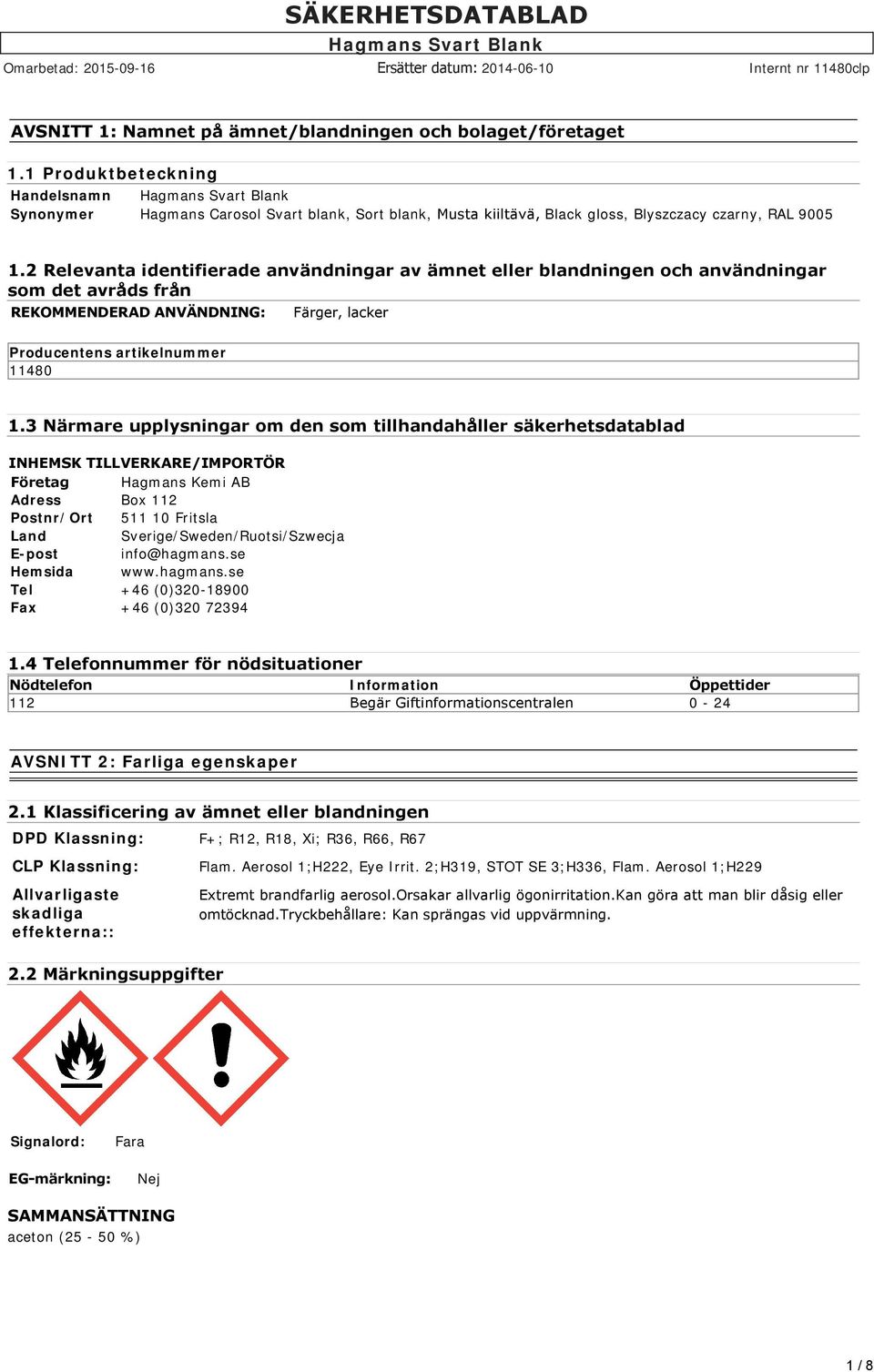 2 Relevanta identifierade användningar av ämnet eller blandningen och användningar som det avråds från REKOMMENDERAD ANVÄNDNING: Färger, lacker Producentens artikelnummer 11480 1.