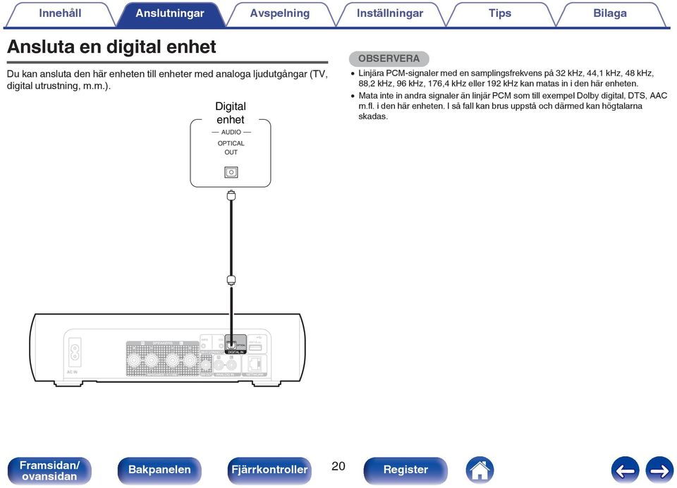 Digital enhet AUDIO OPTICAL OUT OBSERVERA 0 Linjära PCM-signaler med en samplingsfrekvens på 32 khz, 44,1 khz, 48 khz, 88,2 khz, 96 khz, 176,4 khz