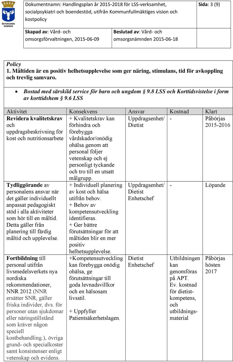 6 LSS Revidera kvalitetskrav och uppdragsbeskrivning för kost och nutritionsarbete Uppdragsenhet/ Tydliggörande av personalens ansvar när det gäller individuellt anpassat pedagogiskt stöd i alla