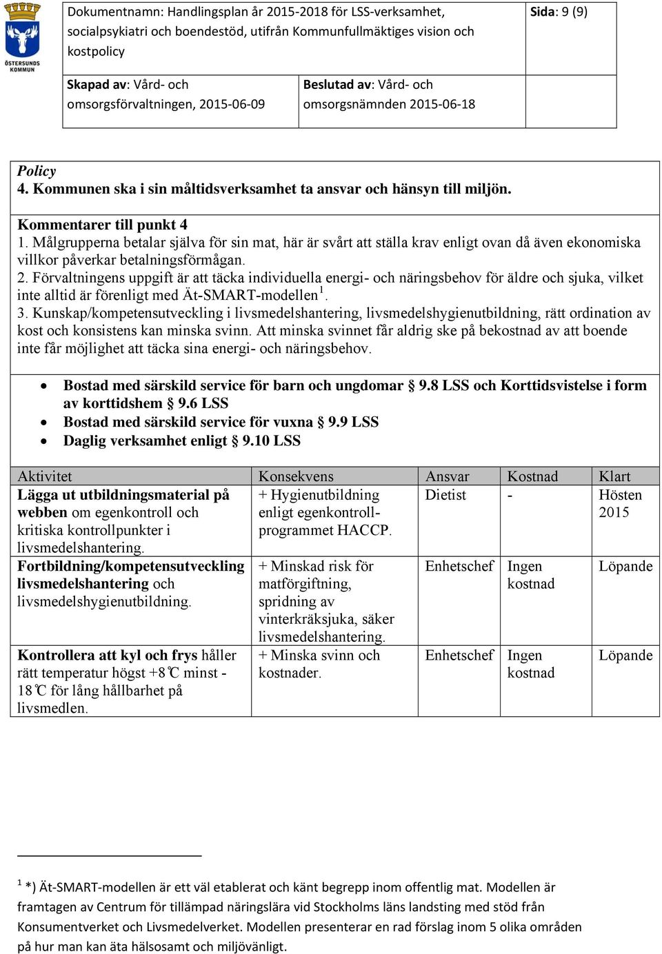 Förvaltningens uppgift är att täcka individuella energi- och näringsbehov för äldre och sjuka, vilket inte alltid är förenligt med Ät-SMART-modellen 1. 3.