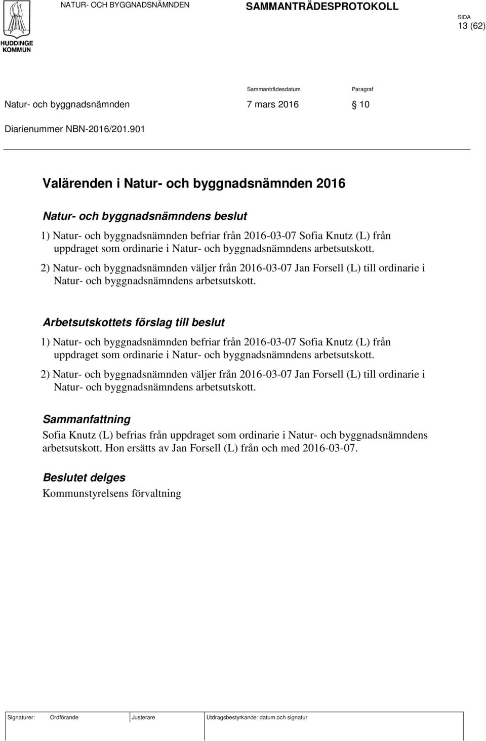 2) Natur- och byggnadsnämnden väljer från 2016-03-07 Jan Forsell (L) till ordinarie i Natur- och byggnadsnämndens arbetsutskott.