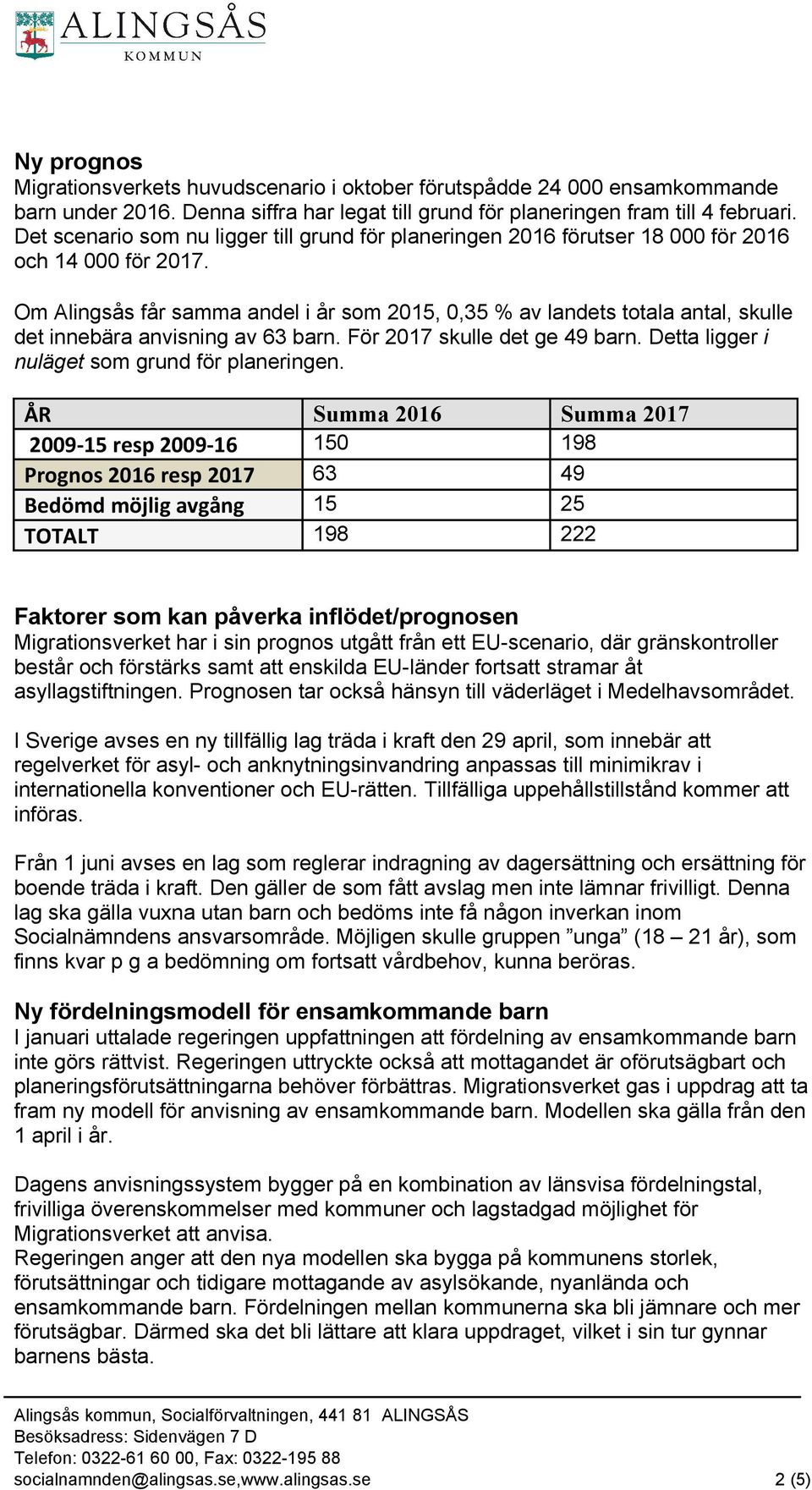 Om Alingsås får samma andel i år som 2015, 0,35 % av landets totala antal, skulle det innebära anvisning av 63 barn. För 2017 skulle det ge 49 barn. Detta ligger i nuläget som grund för planeringen.
