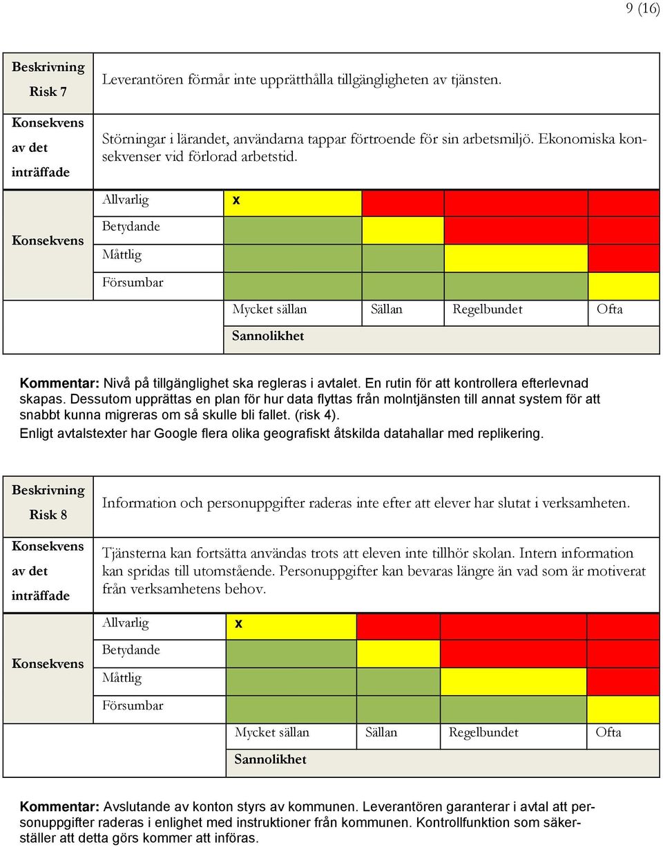 Dessutom upprättas en plan för hur data flyttas från molntjänsten till annat system för att snabbt kunna migreras om så skulle bli fallet. (risk 4).
