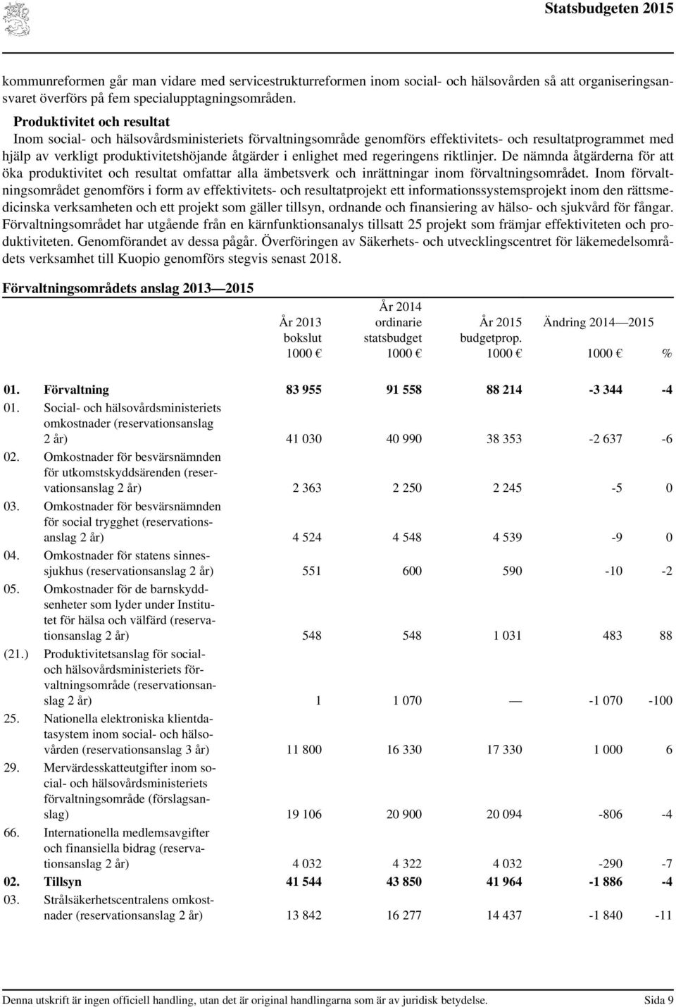 med regeringens riktlinjer. De nämnda åtgärderna för att öka produktivitet och resultat omfattar alla ämbetsverk och inrättningar inom förvaltningsområdet.