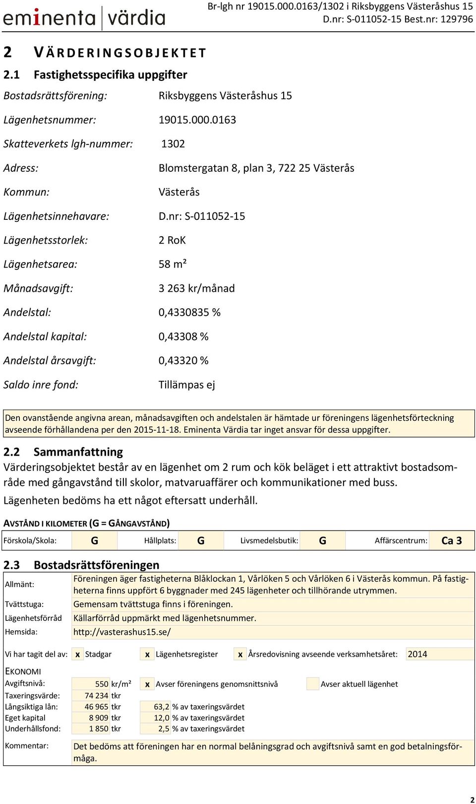 nr: S-011052-15 2 RoK Lägenhetsarea: 58 m² Månadsavgift: 3 263 kr/månad Andelstal: 0,4330835 % Andelstal kapital: 0,43308 % Andelstal årsavgift: 0,43320 % Saldo inre fond: Tillämpas ej Den