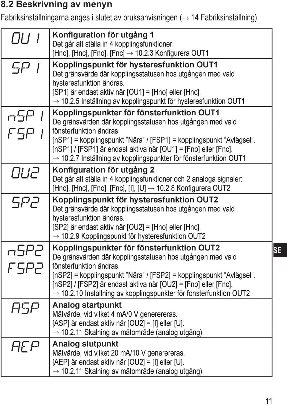 3 Konfigurera OUT1 Kopplingspunkt för hysteresfunktion OUT1 Det gränsvärde där kopplingsstatusen hos utgången med vald hysteresfunktion ändras. [SP1] är endast aktiv när [OU1] = [Hno] eller [Hnc]. 10.