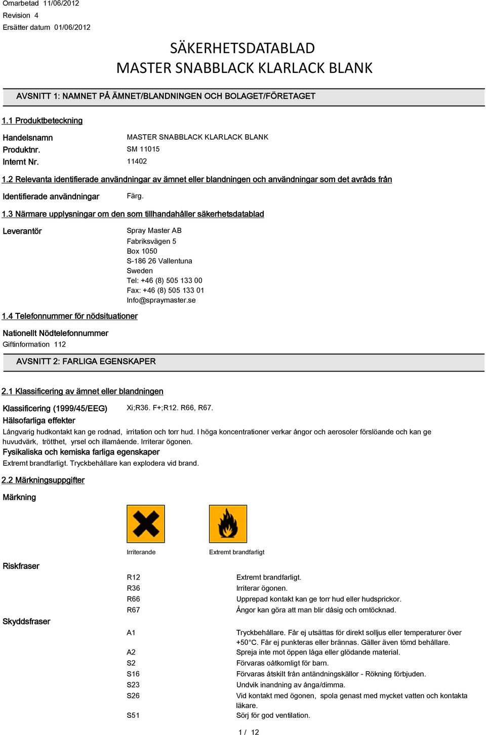 2 Relevanta identifierade användningar av ämnet eller blandningen och användningar som det avråds från Identifierade användningar Färg. 1.