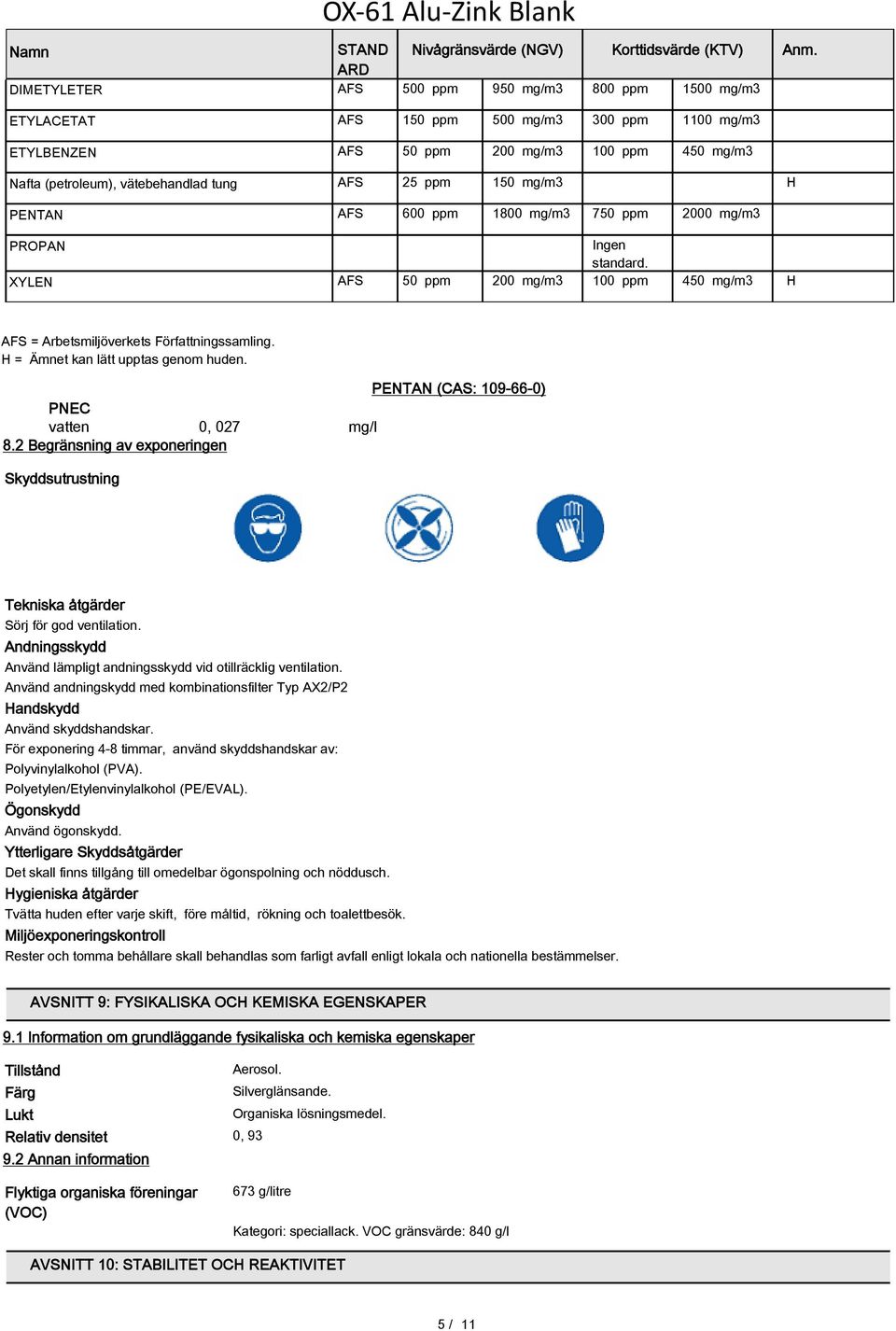 XYLEN AFS 50 ppm 200 mg/m3 100 ppm 450 mg/m3 H AFS = Arbetsmiljöverkets Författningssamling. H = Ämnet kan lätt upptas genom huden. PENTAN (CAS: 109-66-0) PNEC vatten 0, 027 mg/l 8.