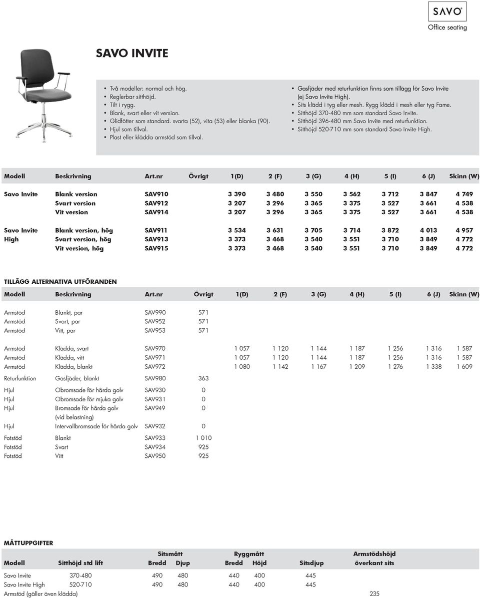 Sitthöjd 370-480 mm som standard Savo Invite. Sitthöjd 396-480 mm Savo Invite med returfunktion. Sitthöjd 520-710 mm som standard Savo Invite High.