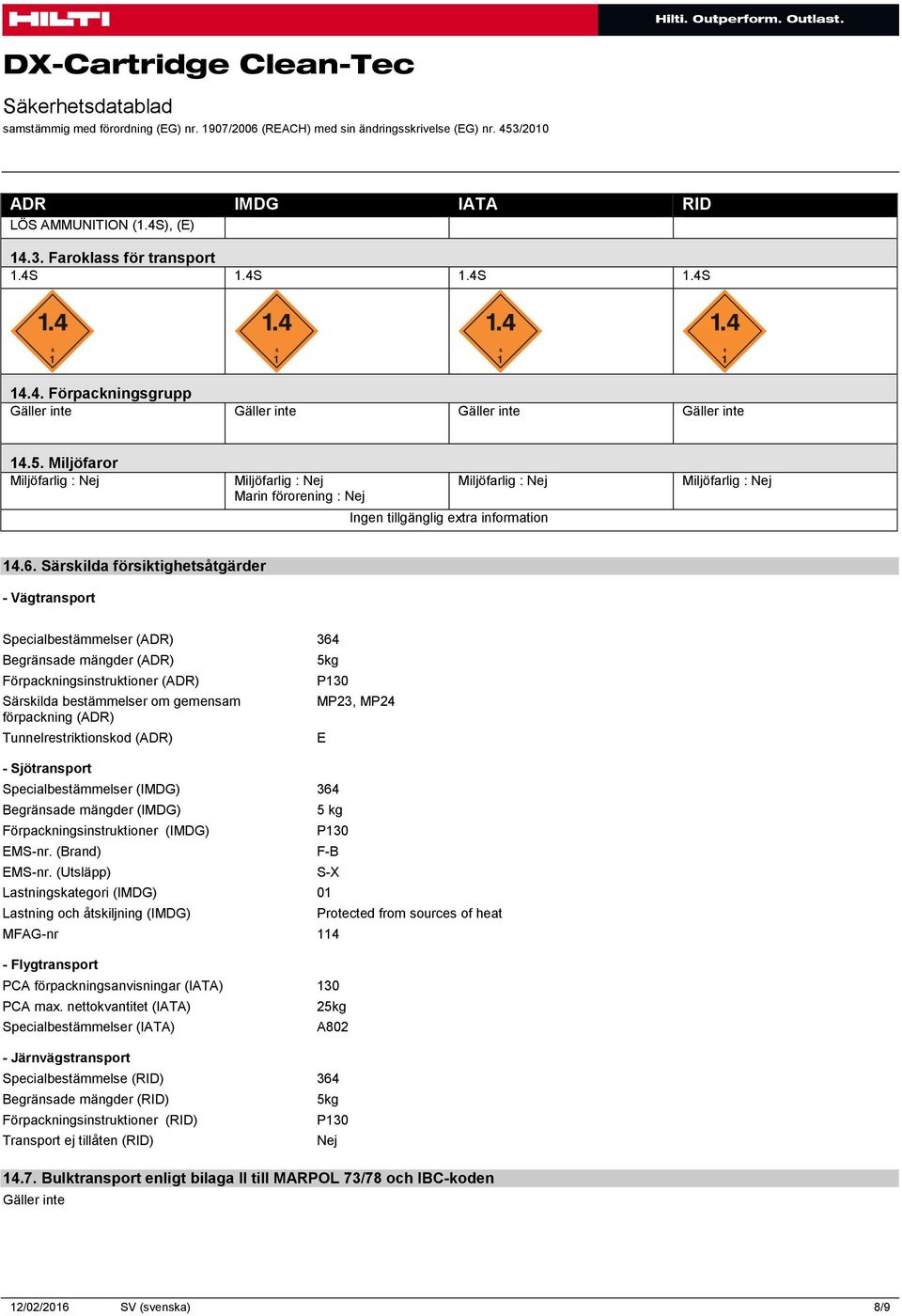 Särskilda försiktighetsåtgärder - Vägtransport Specialbestämmelser (ADR) 364 Begränsade mängder (ADR) Förpackningsinstruktioner (ADR) Särskilda bestämmelser om gemensam förpackning (ADR)