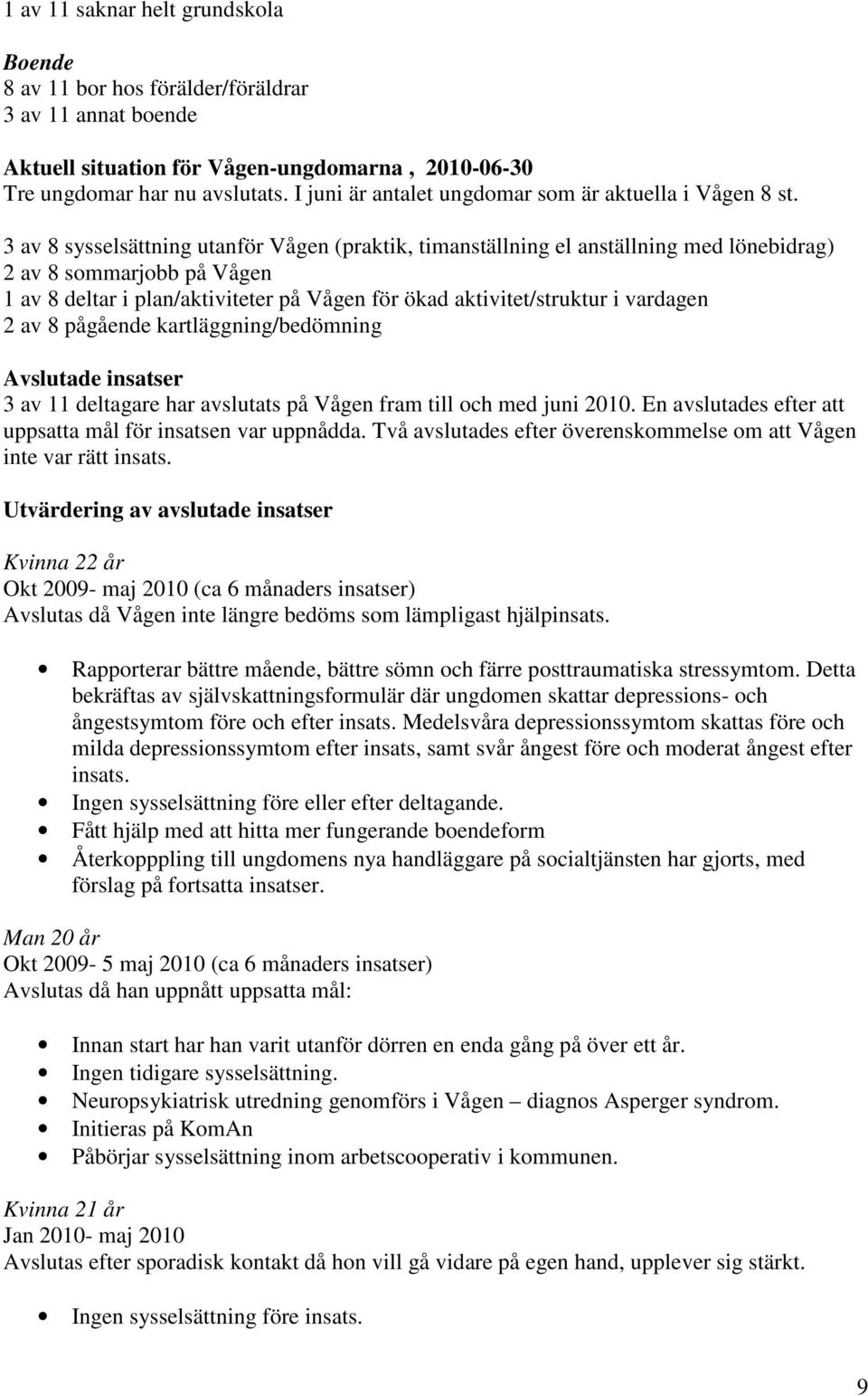 3 av 8 sysselsättning utanför Vågen (praktik, timanställning el anställning med lönebidrag) 2 av 8 sommarjobb på Vågen 1 av 8 deltar i plan/aktiviteter på Vågen för ökad aktivitet/struktur i vardagen