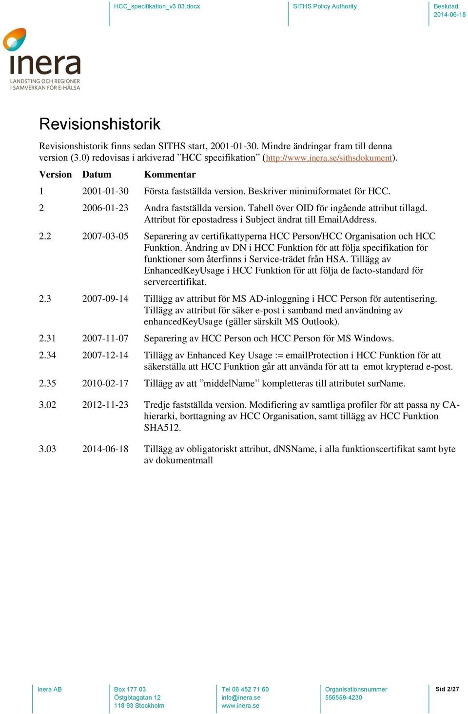 Attribut för epostadress i Subject ändrat till EmailAddress. 2.2 2007-03-05 Separering av certifikattyperna HCC Person/HCC Organisation och HCC Funktion.