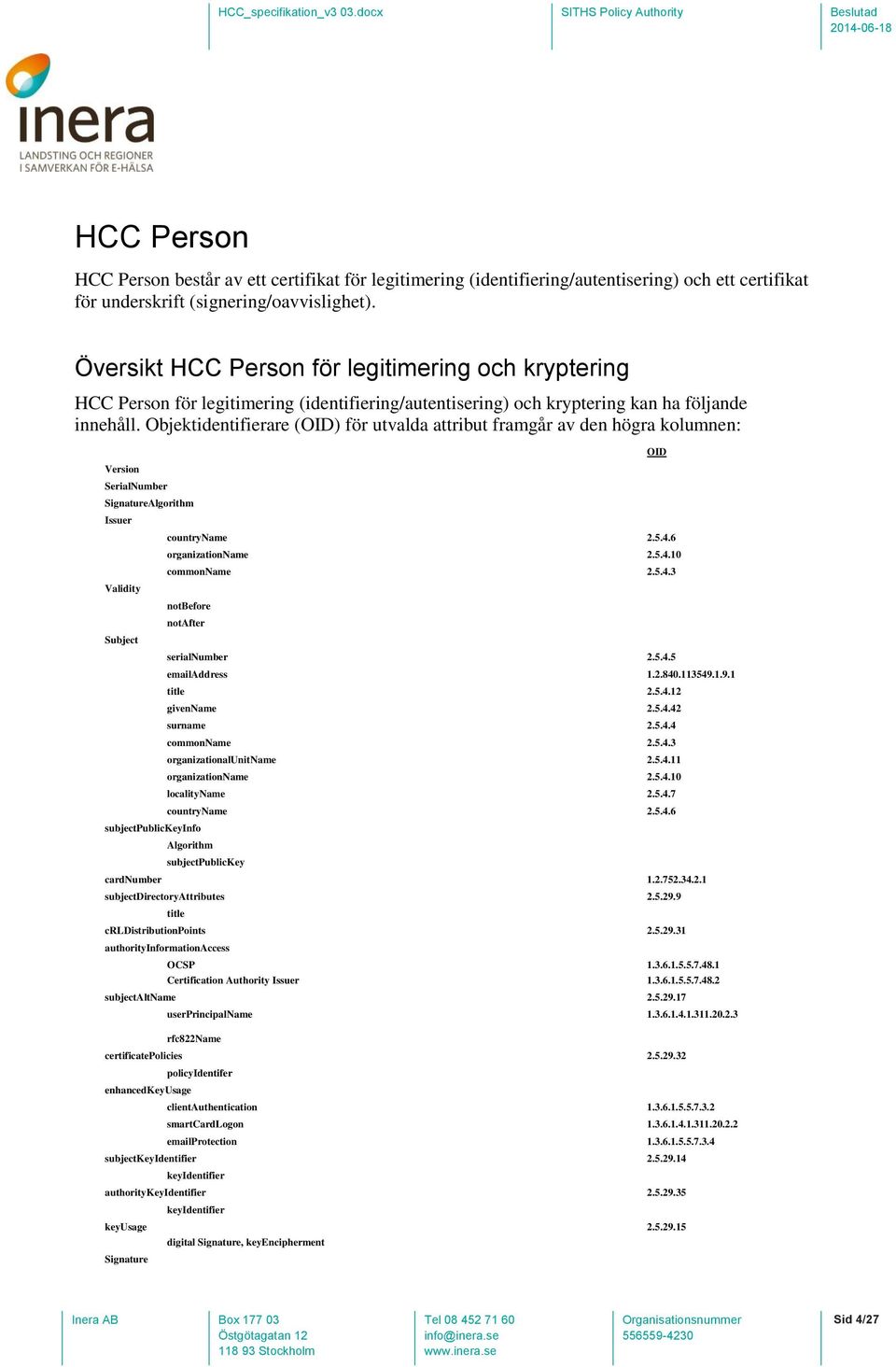 Objektidentifierare (OID) för utvalda attribut framgår av den högra kolumnen: Version SerialNumber SignatureAlgorithm Issuer Validity Subject countryname 2.5.4.6 organizationname 2.5.4.10 commonname 2.