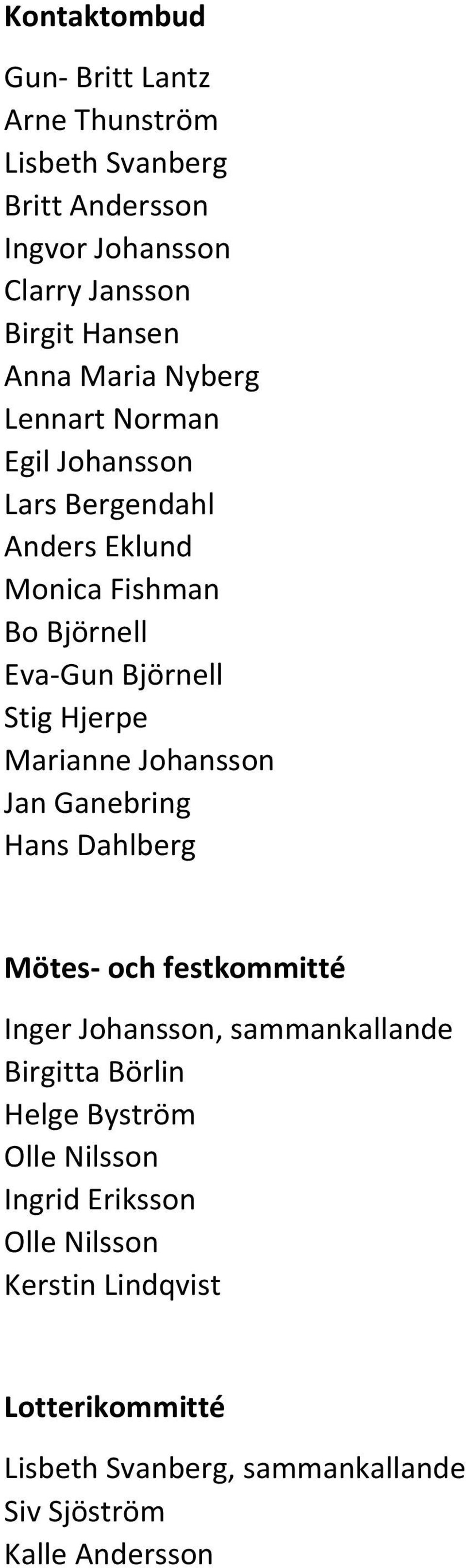 Marianne Johansson Jan Ganebring Hans Dahlberg Mötes- och festkommitté Inger Johansson, sammankallande Birgitta Börlin Helge