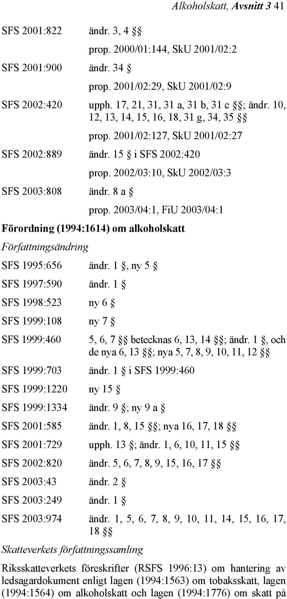 2003/04:1, FiU 2003/04:1 Förordning (1994:1614) om alkoholskatt Författningsändring SFS 1995:656 ändr. 1, ny 5 SFS 1997:590 ändr.