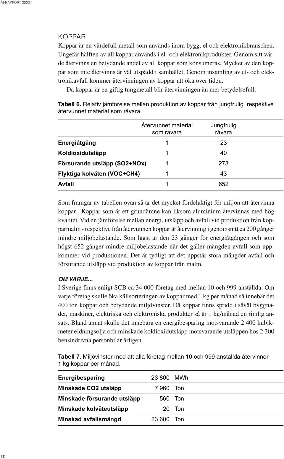 Genom insamling av el- och elektronikavfall kommer återvinningen av koppar att öka över tiden. Då koppar är en giftig tungmetall blir återvinningen än mer betydelsefull. Tabell 6.