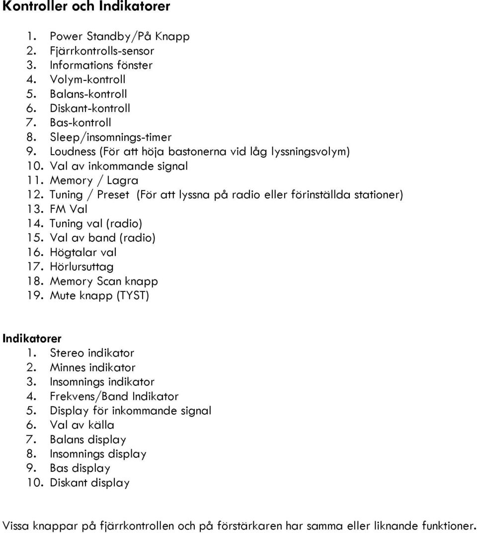 Tuning / Preset (För att lyssna på radio eller förinställda stationer) 13. FM Val 14. Tuning val (radio) 15. Val av band (radio) 16. Högtalar val 17. Hörlursuttag 18. Memory Scan knapp 19.