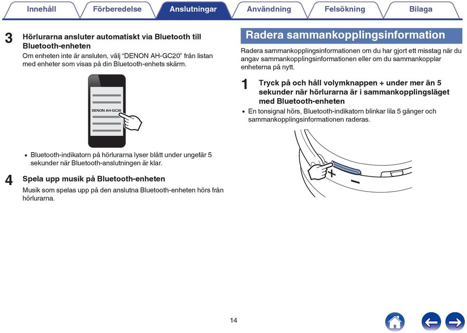 håll volymknappen + under mer än 5 sekunder när hörlurarna är i sammankopplingsläget med Bluetooth-enheten 0 En tonsignal hörs, Bluetooth-indikatorn blinkar lila 5 gånger och