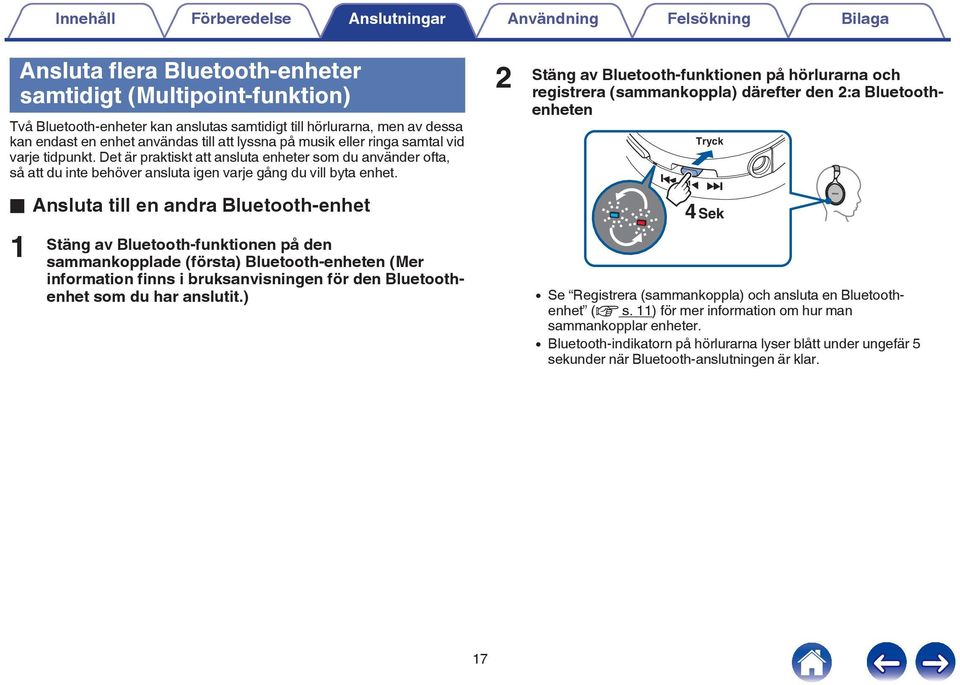 Stäng av Bluetooth-funktionen på den sammankopplade (första) Bluetooth-enheten (Mer information finns i bruksanvisningen för den Bluetoothenhet som du har anslutit) 2 Stäng av Bluetooth-funktionen på