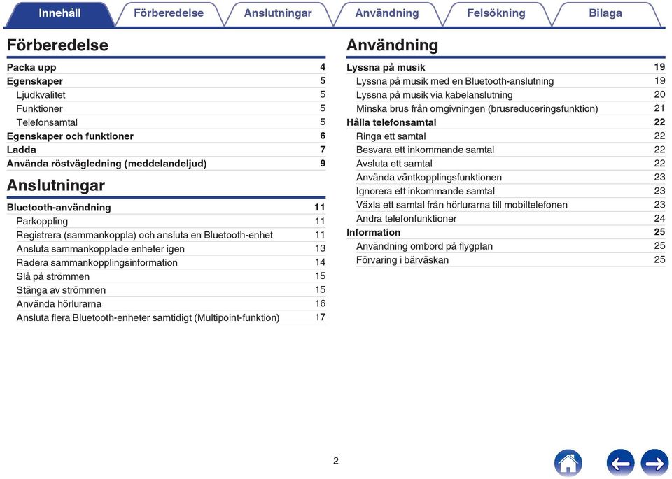 hörlurarna 16 Ansluta flera Bluetooth-enheter samtidigt (Multipoint-funktion) 17 Användning Lyssna på musik 19 Lyssna på musik med en Bluetooth-anslutning 19 Lyssna på musik via kabelanslutning 20