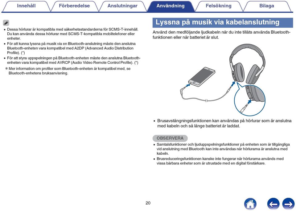 Bluetoothenheten vara kompatibel med AVRCP (Audio Video Remote Control Profile) (*) z Mer information om profiler som Bluetooth-enheten är kompatibel med, se Bluetooth-enhetens bruksanvisning Lyssna