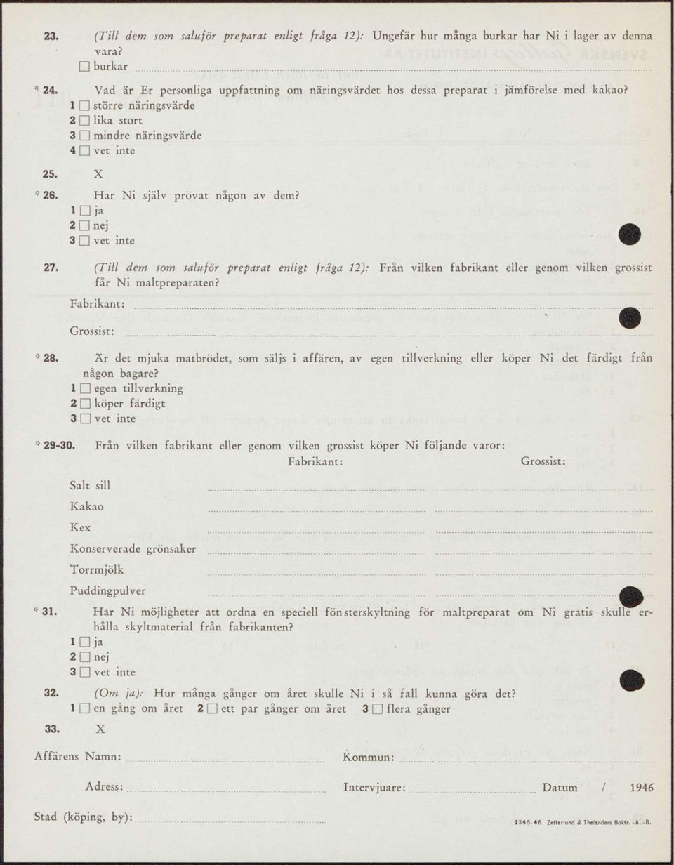 Har Ni själv prövat någon av dem? 27. (Till dem som saluför preparat enligt fråga 12) : Från vilken fabrikant eller genom vilken grossist får Ni maltpreparaten? Fabrikant: Grossist: * 28.