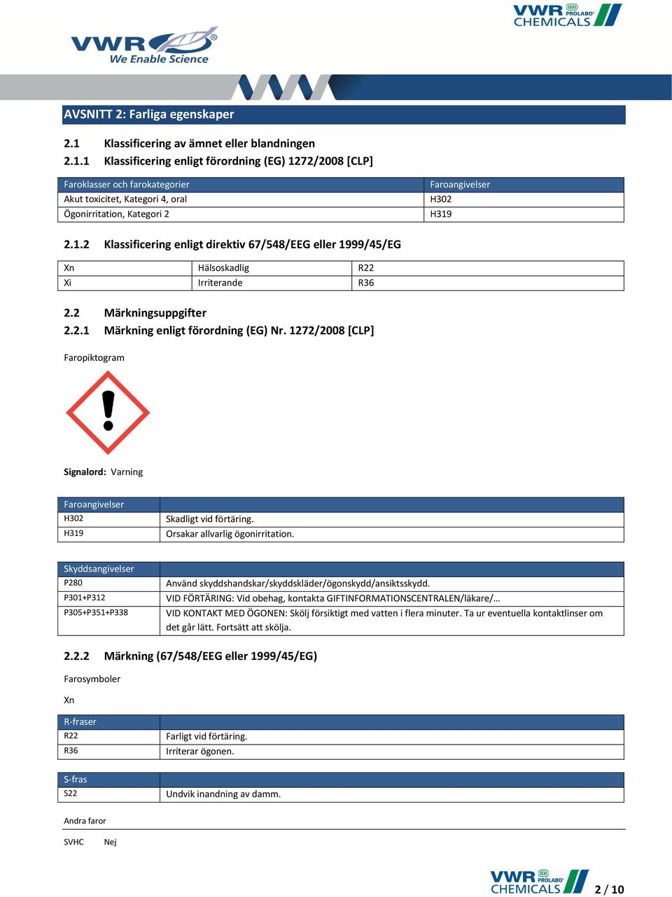 1 Klassificering enligt förordning (EG) 1272/2008 [CLP] Faroklasser och farokategorier Akut toxicitet, Kategori 4, oral Ögonirritation, Kategori 2 Faroangivelser H302 H319 2.1.2 Klassificering enligt direktiv 67/548/EEG eller 1999/45/EG Xn Hälsoskadlig R22 Xi Irriterande R36 2.
