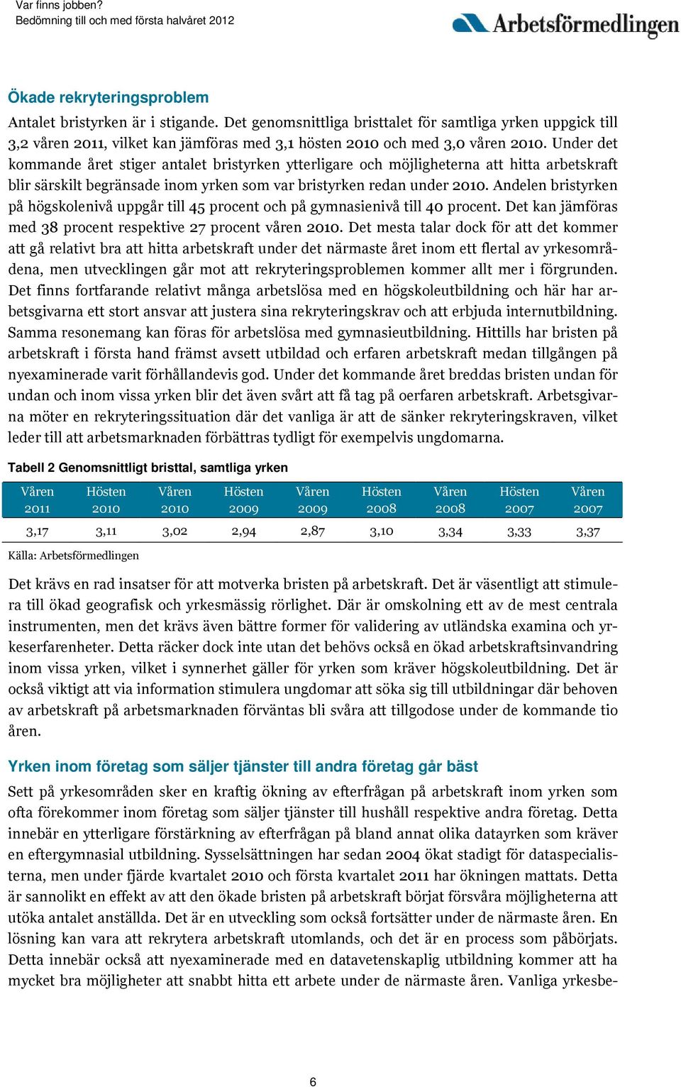 Under det kommande året stiger antalet bristyrken ytterligare och möjligheterna att hitta arbetskraft blir särskilt begränsade inom yrken som var bristyrken redan under 2010.